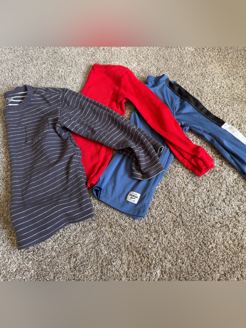 Three pack of boys size small long sleeve shirts - red green and blue in color